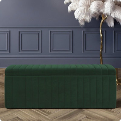 137Cm Wide Lux Ottoman Storage Box, Forest Green Velvet Upholstered Full Striped Storage Ottoman Box - image 1