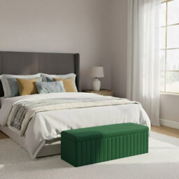 137Cm Wide Lux Ottoman Storage Box, Forest Green Velvet Upholstered Full Striped Storage Ottoman Box - thumbnail 2
