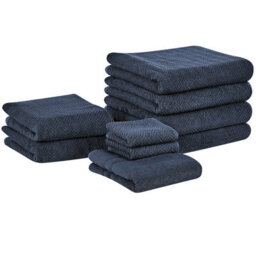 Beliani Set Of 9 Towels Mitiaro Terry Cotton Dark Blue
