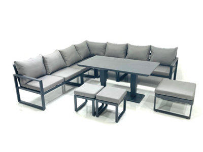 Fimous 10 Seater Outdoor Aluminum Garden Furniture Set Corner Sofa 3 Footstools Adjustable Rising Lifting Dining Table Sets
