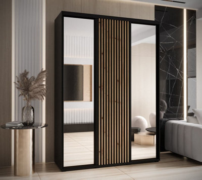 Arte Sapporo Ii - Black Matt Mirrored Sliding Door Wardrobe - Sleek Design, Lamella Effect (H)2050mm (W)1700mm (D)600mm - image 1