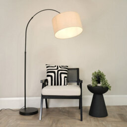 Valuelights Louis Black Arched Curved Floor Lamp With Natural Fabric Drum Lamp Shade And Led Bulb