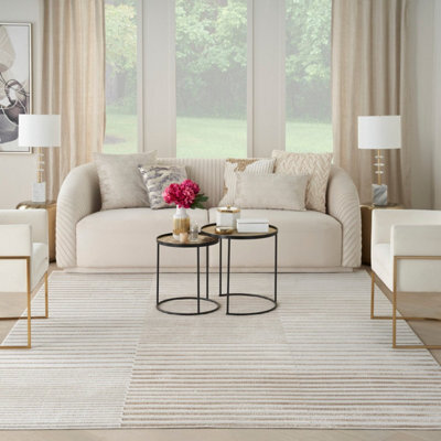 Beige Silver Striped Modern Living Room Bedroom & Dining Room Rug-160Cm X 221Cm