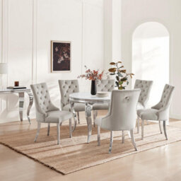 Furniturebox Uk Skye Round White Marble Effect Dining Table & 6 Grey Velvet Belgravia Chairs - thumbnail 1
