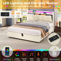 Btm Double Upholstered Bed Frame Hydraulic Storage Led Charging Usb Type C Linen Beige No Box Spring - thumbnail 7