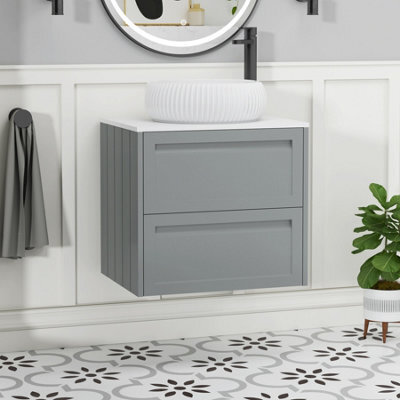 Royal Bathrooms Royal Bathroom Elmore 600mm Matt Pebble Grey Wall Mounted Bathroom Vanity Unit 2 Drawer Plain White Worktop With Milan Basin - image 1