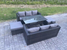 Fimous 8 Seater Outdoor Lounge Sofa Garden Furniture Set Patio Rattan Rectangular Dining Table With 2 Big Footstool Dark Grey - thumbnail 1