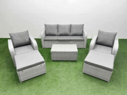 Fimous Pe Rattan Garden Furniture Set Reclining Chair Lounge Sofa Set Oblong Coffee Table 2 Big Footstool Light Grey - thumbnail 1