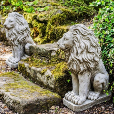 Pair Of Sitting Lions Stone Garden Statue - image 1