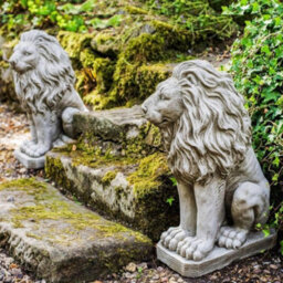 Pair Of Sitting Lions Stone Garden Statue - thumbnail 2