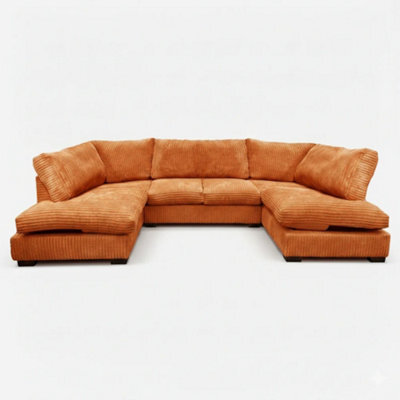 Sofaselectionuk Ltd Jumbo Cord U Shaped Full Back Sofa In Orange Colour Large 6 To7 Seater With Supportive Memory Foam Seating - image 1