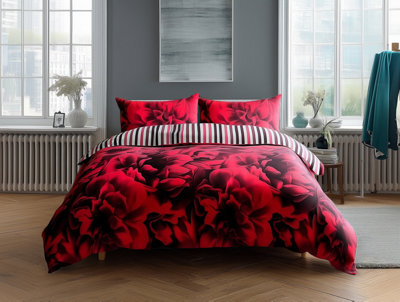Duvet Cover And Pillowcase Set Reversible Rose And Stripe Design Polycotton Bed Linen Red - image 1