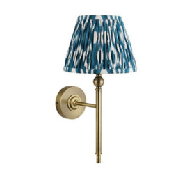 Luminosa Lighting Luminosa Lille Antique Brass Plate Wall Light With Marlin Blue Fabric Ikat Shade 20Cm B22 - thumbnail 6