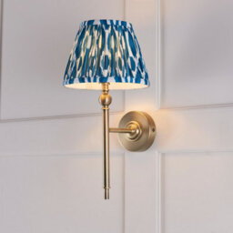 Luminosa Lighting Luminosa Lille Antique Brass Plate Wall Light With Marlin Blue Fabric Ikat Shade 20Cm B22 - thumbnail 4
