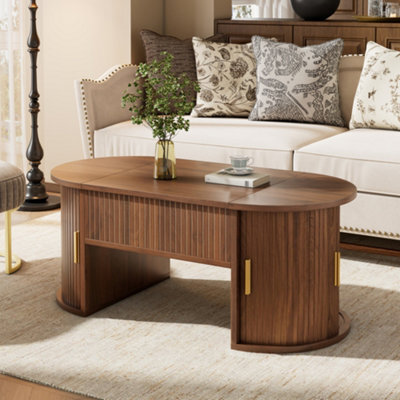 Abrihome Modern Height-Adjustable Coffee Table For Living Room, Open Shelves & Hidden Storage With Sliding Doors - image 1