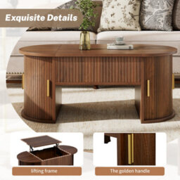 Abrihome Modern Height-Adjustable Coffee Table For Living Room, Open Shelves & Hidden Storage With Sliding Doors - thumbnail 2