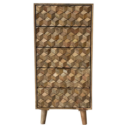 Buttercup Farm Geometric 5 Drawer Tall Chest - Mango Wood - L40 X W55 X H118 Cm - Mango Light Finish - image 1