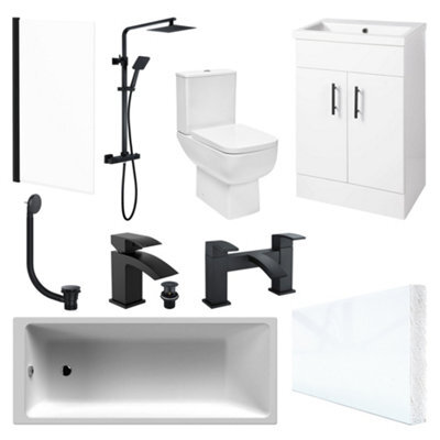 FNX Bathrooms Fnx Modern Bathroom Suite 1700X700 Bath & Vanity Unit, Matt Black Shower, Taps & Wc, Durable & Stylish - image 1