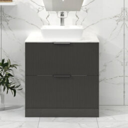 Royal Bathrooms Lyon 800mm Gloss Anthracite Fluted Floor Standing Vanity Unit 2 Drawer With Carrara White Worktop - thumbnail 1