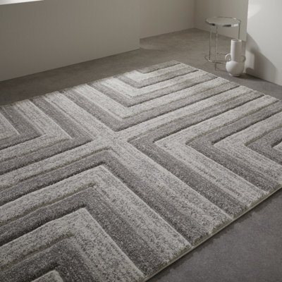 Modern Easy To Clean Grey Geometric Optical 3D Rug For Dining Room-80Cm X 150Cm - image 1