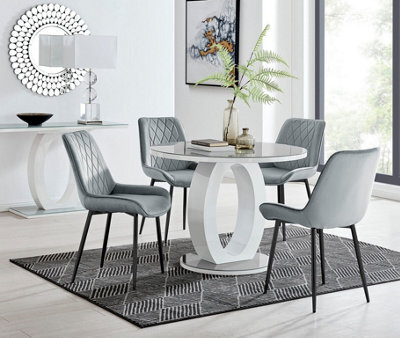 Furniturebox Giovani Round 4 Seat 100Cm White High Gloss Halo Base Grey Glass Top Dining Table 4 Grey Velvet Black Leg Pesaro Chairs - image 1