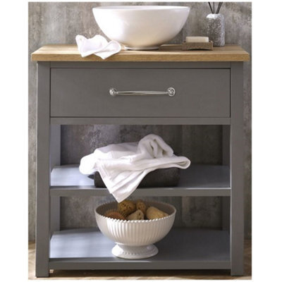 Homestylestore Light Grey And Oak 840mm Bathroom Cloakroom Vanity Unit With Round Countertop Basin And Chrome T Bar Handle - image 1