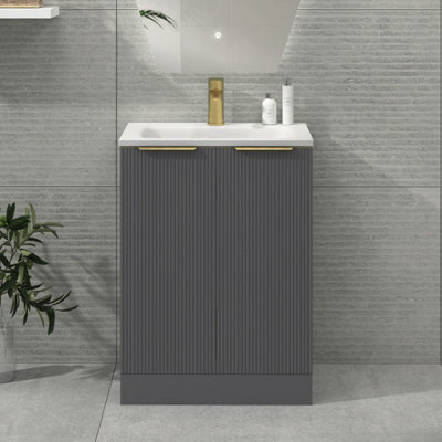 Royal Bathrooms Evora 600mm Graphite Grey Fluted Floor Standing Bathroom Vanity Unit 2 Door Cabinet With Stone Basin & Brushed Brass Handles - image 1