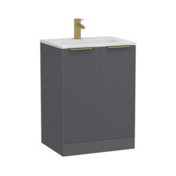 Royal Bathrooms Evora 600mm Graphite Grey Fluted Floor Standing Bathroom Vanity Unit 2 Door Cabinet With Stone Basin & Brushed Brass Handles - thumbnail 8
