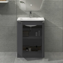 Royal Bathrooms Evora 600mm Graphite Grey Fluted Floor Standing Bathroom Vanity Unit 2 Door Cabinet With Stone Basin & Brushed Brass Handles - thumbnail 3