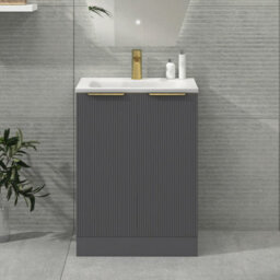 Royal Bathrooms Evora 600mm Graphite Grey Fluted Floor Standing Bathroom Vanity Unit 2 Door Cabinet With Stone Basin & Brushed Brass Handles
