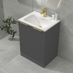 Royal Bathrooms Evora 600mm Graphite Grey Fluted Floor Standing Bathroom Vanity Unit 2 Door Cabinet With Stone Basin & Brushed Brass Handles - thumbnail 4