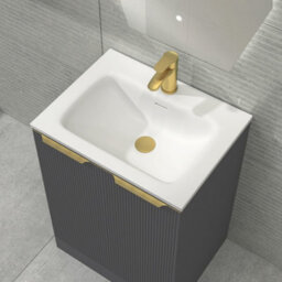 Royal Bathrooms Evora 600mm Graphite Grey Fluted Floor Standing Bathroom Vanity Unit 2 Door Cabinet With Stone Basin & Brushed Brass Handles - thumbnail 5