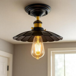 Industrial-Semi Flush Mount Ceiling Light With E27 Socket And 22Cm Umbrella Shaped Metal Lampshade For Living Room - thumbnail 3