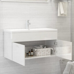 Berkfield Sink Cabinet With Built-In Basin High Gloss White Engineered Wood - thumbnail 7