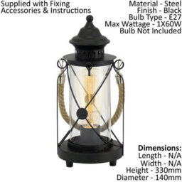 Elegant Black Steel Table Lamp With Glass Lantern Shade - thumbnail 2