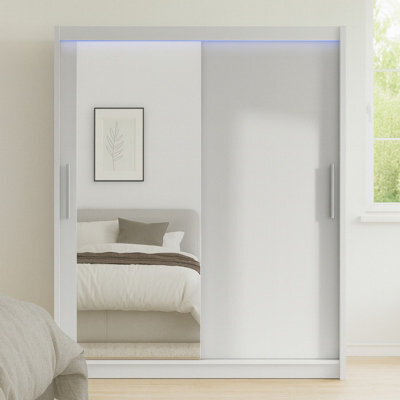 Bega Vi 180 Cm Sliding Doors Wardrobe With Mirror Hanging Rail And Shelves White With Led Lights - image 1