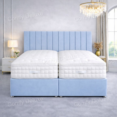 Comfy Deluxe 6Ft Superking Zip Link 6X6 Length  Sky Blue Plush Divan Bed Full Set 2 Drawers Same Side - image 1
