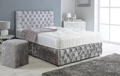 Adore Designs Adore Living Chesterfield Crushed Velvet Divan Bed With Orthopaedic Mattress And Square Stool In Grey