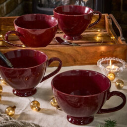 Set Of 4 Montmartre Large Malbec Red Ceramic Tea Cups Coffee Mugs H9.7Cm X Dia13.5Cm