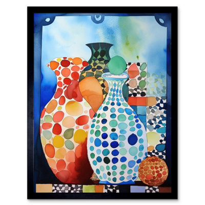 Artery8 Framed Wall Art Polka Dot Glazed Porcelain Ceramic Vases Folk - 12X16 Inch - image 1