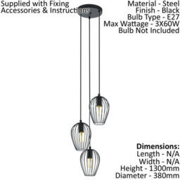 Stylish Black Wire Cage Hanging Pendant Light For Hallway - 3 Bulb E27 Fixture - thumbnail 2