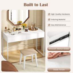 Computer Desk With 2 Drawers Vanity Table With Metal Frame White - thumbnail 4