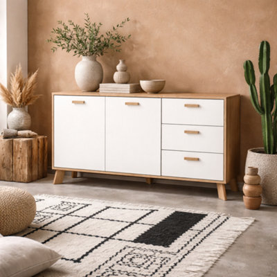 Wyld Haus Hobro White And Natural Oak Wood Sideboard 2 Doors 3 Drawers - image 1