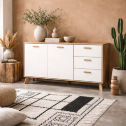 Wyld Haus Hobro White And Natural Oak Wood Sideboard 2 Doors 3 Drawers - thumbnail 1