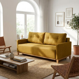 Ariel Upholstered Sofa Bed With Storage Foam Wavy Springs Wooden Frame Loose Cushions 213X101X91 Cm Mustard - thumbnail 2