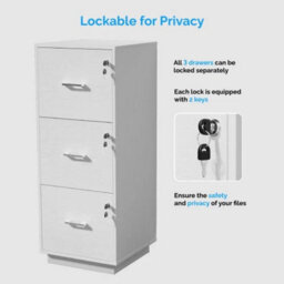3 Drawer Lockable Filing Cabinet Wooden Home Office File Storage White 98Cm - thumbnail 3