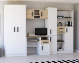 Mathias Youth Bedroom Furniture Set White/grey 5 Piece Wardrobe Desk Bookcase Wall Shelf And Storage