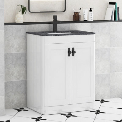 Royal Bathrooms Henley 600mm Gloss White Floor Standing Vanity Unit 2 Door With Undrilled Black Star Top & Matt Black Knob - image 1