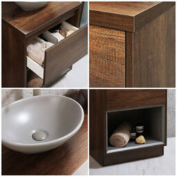 Homestylestore Dark Oak 600mm Bathroom Vanity Unit Oval Pebble Countertop Basin Open Shelf - thumbnail 2