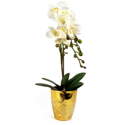 Leaf 54Cm Artificial Orchid Plant - White With Gold Pot - image 1